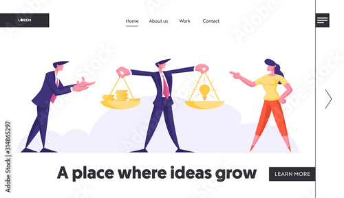 Crowdfunding, Profitable Idea Website Landing Page. Businessman and Businesswoman Stand at Scales with Money Coins and Glowing Light Bulb on Scalepans Web Page Banner. Cartoon Flat Vector Illustration