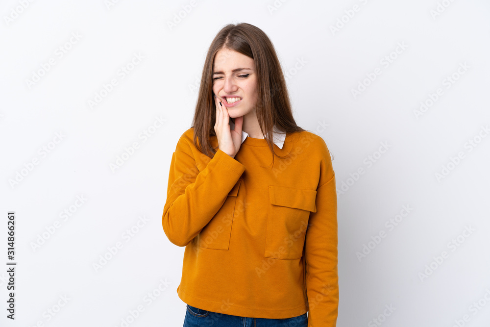 Young woman over isolated white background with toothache Young woman over isolated white background with toothache