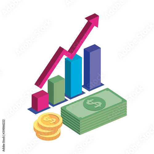 bars statistical with pile coins and stack bills design