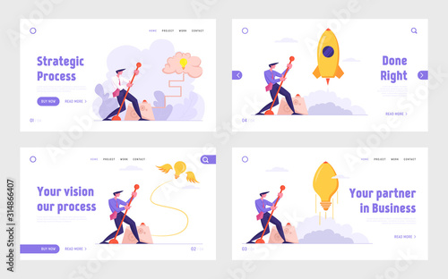 Creative Idea and Searching Solution Website Landing Page Set. Businessman Launch Rocket Light Bulb Push Lever Arm, Business Project Startup, Brain Web Page Banner. Cartoon Flat Vector Illustration