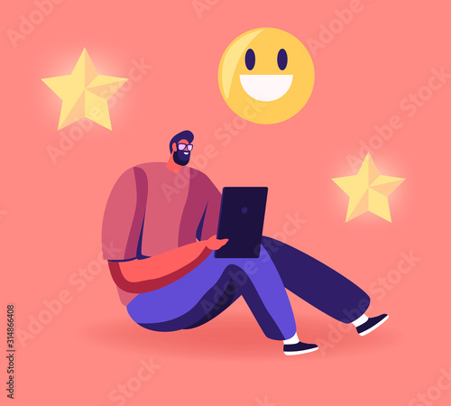Man Sitting on Floor with Tablet in Hands Put Rating Stars and Giving Thanks in Social Media Networks. Follower Express Satisfaction in Internet, Mobile Communication Cartoon Flat Vector Illustration
