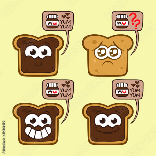 Cute cartoon breakfast lunch toast and chocolate paste kawaii set emotion  