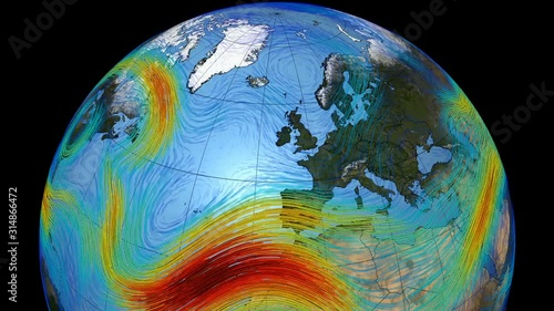 Graphic representation of winds on the surface of the planet Earth. The Polar jet stream in the north hemisphere and Europe.Elements of this image furnished by NASA