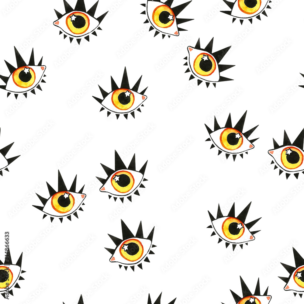 Seamless pattern of eyes. Watercolor colorful retro eye witness cartoon illustration background pattern on white.