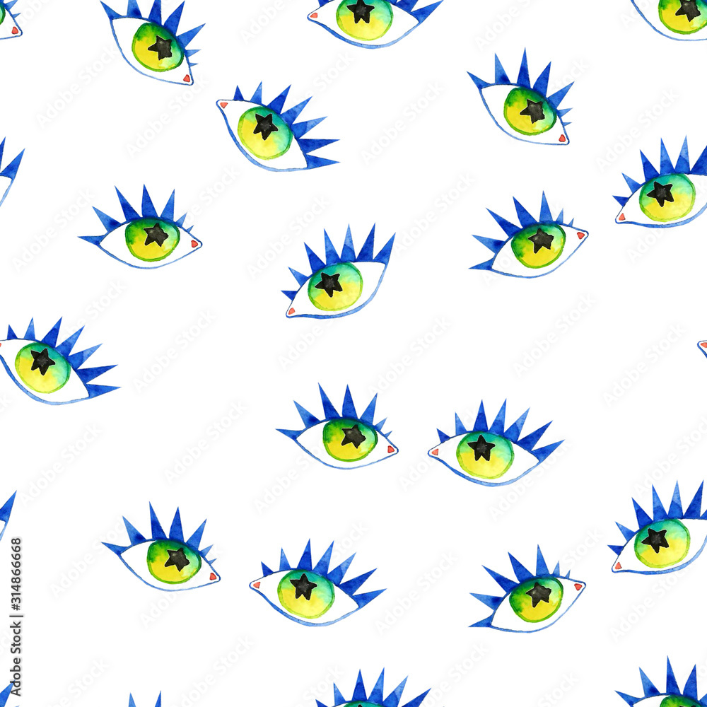 Fototapeta premium Seamless pattern of eyes. Watercolor colorful retro eye witness cartoon illustration background pattern on white.