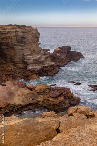 Rocky coastline in the Costa Vicentina natural park at the Atlantic Ocean at the Algarve, Portugal.