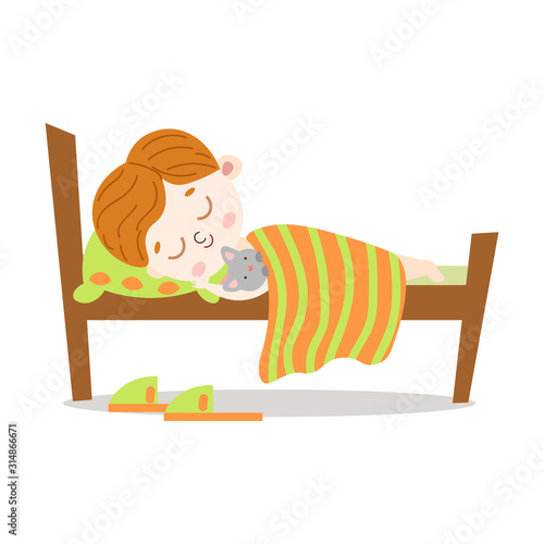 The cute brown-haired little boy lovely sleeping with a cat in a wooden bed. Vector illustration in flat cartoon style.