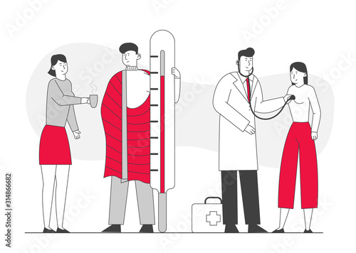 Illness, Health Care Concept. Patients Man and Woman Visiting Clinic or Hospital for Doctor Appointment. Sick People Get Treatment with Medicine and Hot Drink Cartoon Flat Vector Illustration Line Art