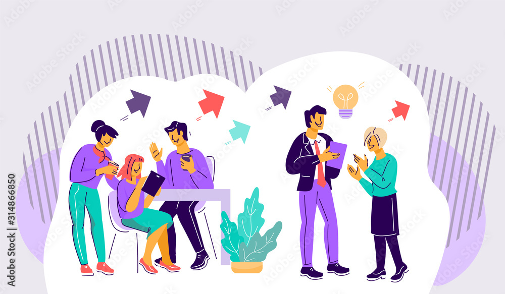 Teamwork communication, productive cooperation on joint project and friendly job environment. Office employees characters work successfully. Partnership and collaboration. Flat vector illustration. Teamwork communication, productive cooperation on joint project and friendly job environment. Office employees characters work successfully. Partnership and collaboration. Flat vector illustration.