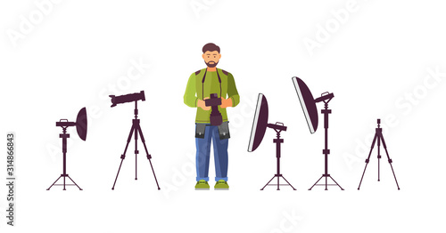 Professional photographer with professional equipment camera with optional accessories, lighting equipment in studio. Male photographer character preparing for photo shoot cartoon vector illustration
