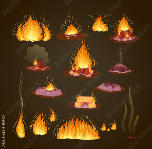 Firewood boards, bonfire of branches and logs, fire burning wooden logs, flaming and extinct fire bonfire and coals. Wood material branches, planks, logs, boards. Outdoor camping cartoon vector