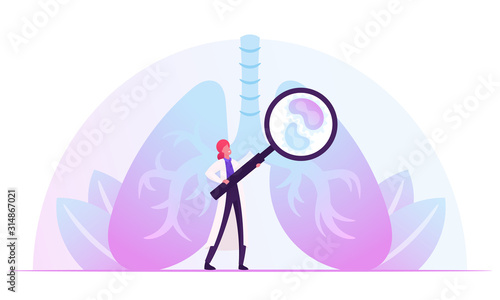 Respiratory Medicine, Healthcare and Pulmonology Concept. Doctor Checking Human Lungs with Magnifying Glass Search Pathology. Medical Pulmonological Care, Anatomy Cartoon Flat Vector Illustration