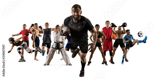 Sport collage. Rugby, running, fitness, bodybuilding, fighter and basketball players