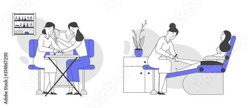 Young Woman Visiting Beauty Salon Set. Masters Doing Manicure and Pedicure for Girl in Barbershop Grooming Place. Fashion Club for Spa and Body Care Concept Cartoon Flat Vector Illustration, Line Art