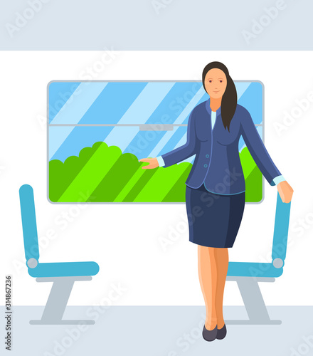 Young woman travels in train public transport. Passenger train with carriage interior, train travel inside cartoon vector