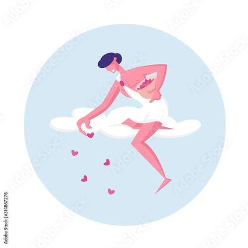 Smiling Cupid Man Wearing White Toga Sitting on Cloud Throw Red Hearts from Sky on Ground. Cherub Spread Love and Romantic among People, Happy Valentines Day Concept Cartoon Flat Vector Illustration