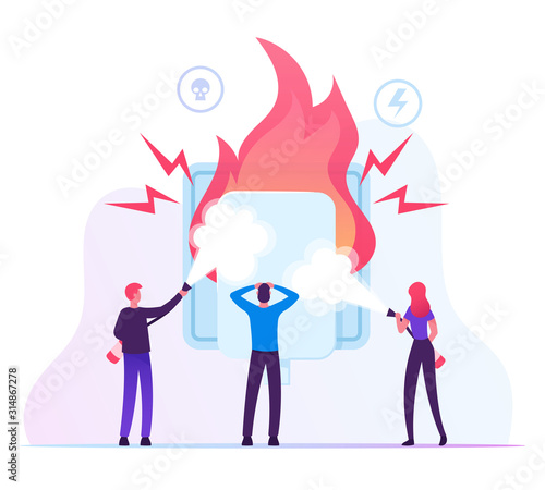 Electrical Safety Concept. People with Extinguishers Put Out Electric Wiring of Socket on Fire. Plug Outlet Shock Power. Short Circuit Overload Electrical Connection. Cartoon Flat Vector Illustration