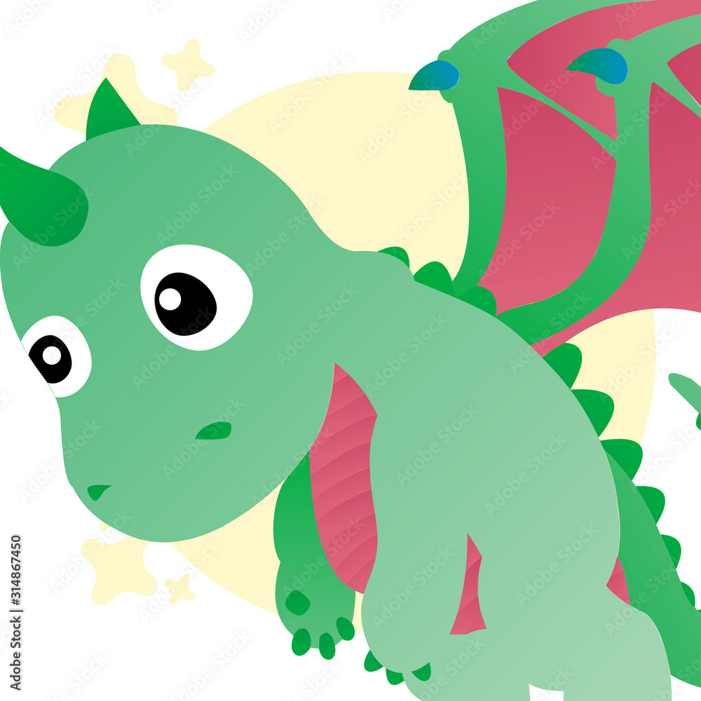Obraz premium Illustrator of Green Baby Dragon Cartoon, Cute Funny Character, Flat Design