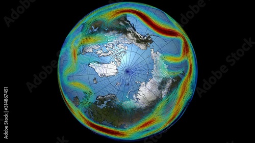 Graphic representation of winds on the surface of the planet Earth. The Polar jet stream in the north hemisphere and Asia.Elements of this image furnished by NASA