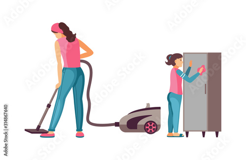 Housewife woman with vacuum cleaner cleaning room.