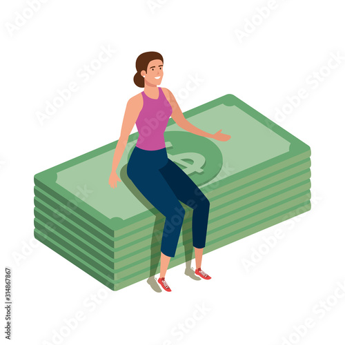 beautiful woman sitting in stack bills finance vector illustration design