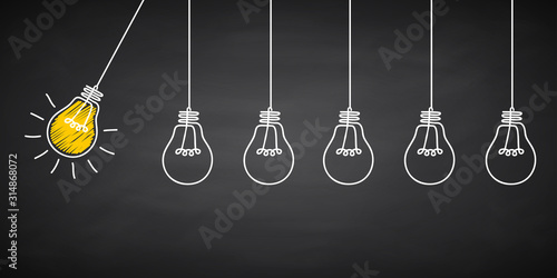 Banner lightbulb idea concept, creative concept bulb sign drawn in chalk on a blackboard, innovations background - for stock