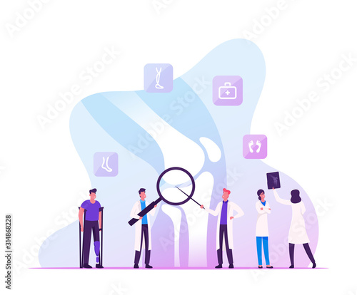 Orthopedy Medical Concilium, Healthcare Concept. Doctor Traumatologist Look at X-ray Picture with Joint Fracture Discuss Patient Treatment with Colleague in Hospital Cartoon Flat Vector Illustration