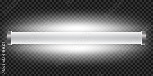 Realistic bright 3d long luminescence light lamp, white illuminated fluorescent tube isolated on transparent background – stock vector