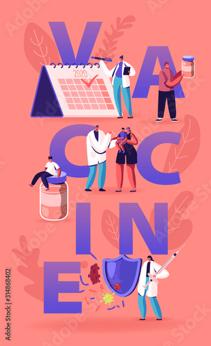 Planning Vaccine Applying Concept. Doctor Put Injection to Kids and Adults for Protection from Disease, Vaccination and Immunization Poster Banner Flyer Brochure. Cartoon Flat Vector Illustration