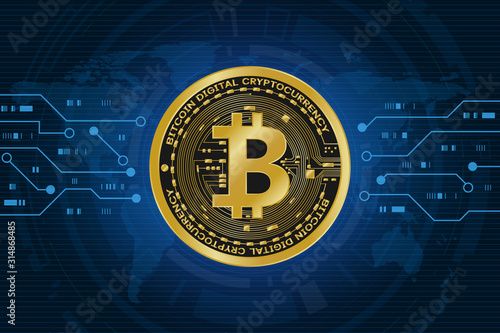 Golden bitcoin digital currency on world map, futuristic digital money