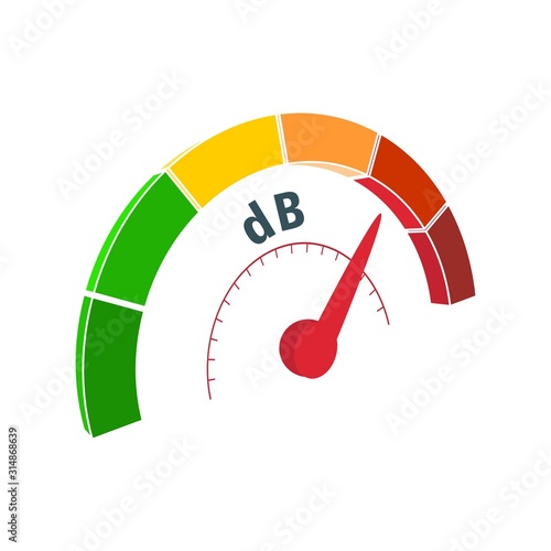 A device for measuring the sound intensity in decibels. Infographic gauge element. Isometric level scale from green to red with arrow. photo