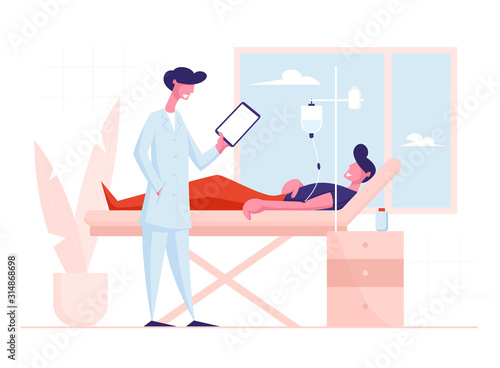 Man Lying in Clinic Department Chamber in Hospital Applying Dropper Treatment. Doctor Stand near Patient Bed during Appointment Watching on Medical Card. Health Care Cartoon Flat Vector Illustration