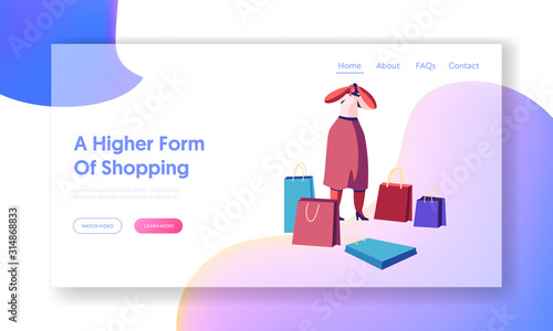 Girl Shopper in Store Website Landing Page. Woman Shopaholic with Shopping Bags Holding Head Frustrated about Making Lot of Useless Purchases in Mall Web Page Banner. Cartoon Flat Vector Illustration