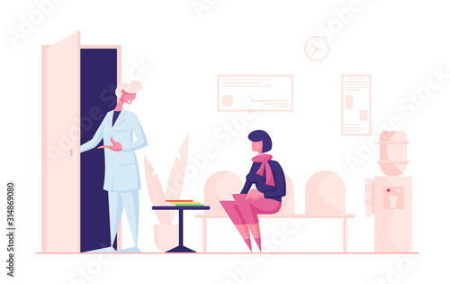 Woman Patient Sitting in Clinic Lobby on Couch, Hall Interior Waiting Doctor Appointment. Practitioner Inviting Patient for Medical Check Up and Treatment, Health Care Cartoon Flat Vector Illustration