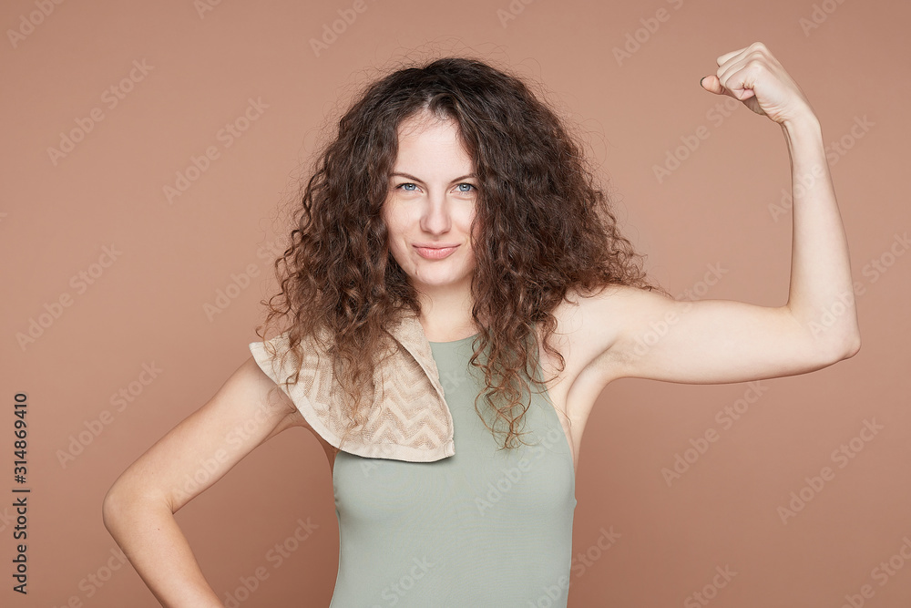 People Sport Strength Concept Glad Curly Haired Blue Eyed European