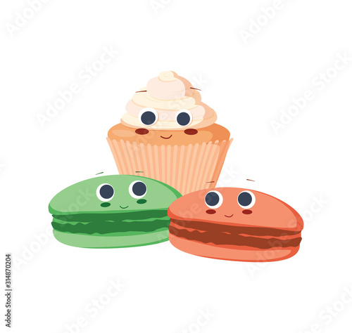 Cute eclair and macaroons flat vector illustration. Adorable creamy cake and cookies cartoon characters. Sweet smiling