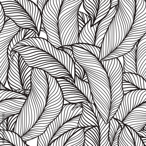 Black-white tropical leaves. Seamless pattern. Vector illustration on a white background. Use for textiles, wallpapers and other graphic products.