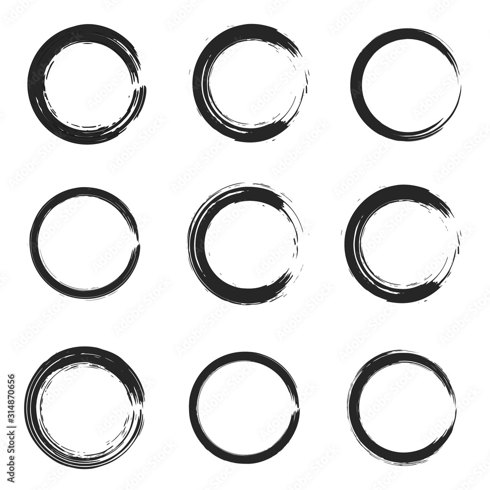Set of isolated black grunge thick ink brush round frames Dirty hand drawn inky line circles collection for graphic design, decoration Set of isolated black grunge thick ink brush round frames Dirty hand drawn inky line circles collection for graphic design, decoration
