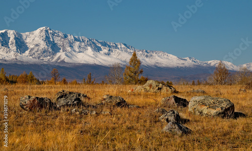 Russia. Mountain Altai. Desert steppes at the foot of the North Chui mountain range along the Chui tract.