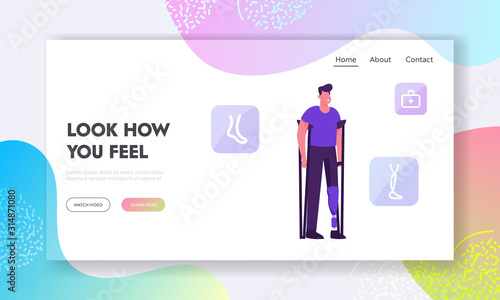 Disability, Orthopedy Medicine Website Landing Page. Invalid Handicapped Man Standing on Crutches with Leg Prosthesis Visit Clinic or Hospital for Doctor Appointment Cartoon Flat Vector Illustration