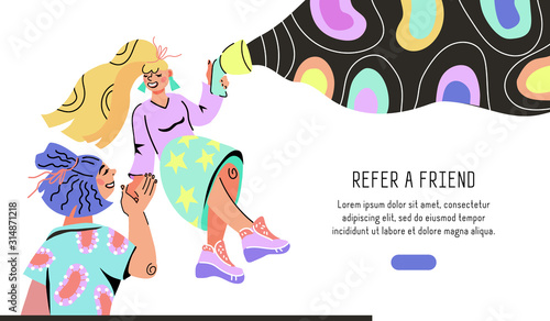 Refer a friend landing page or web banner template with two friends cartoon characters. Referral program for business marketing promotion. Customers recommendation, feedback. Flat vector illustration.