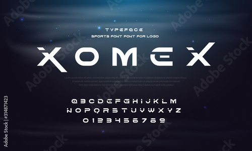 Fototapeta Vector futuristic display font design, alphabet, character set, typeface, typography, letters and numbers. Space.