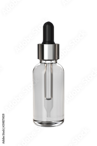 Transparent Cosmetic or Medicinal Dropper Bottle with White Oil. 3D Render Isolated on White Background.