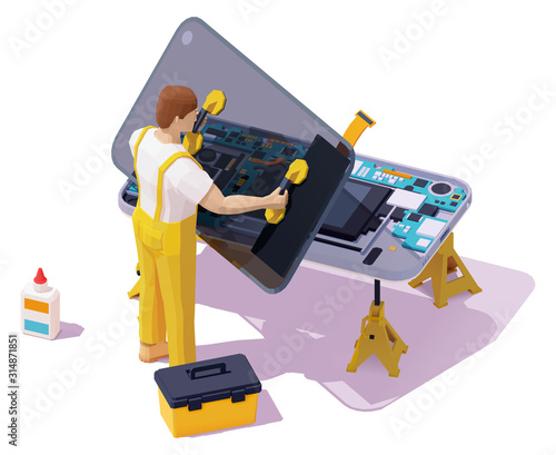 Vector isometric smartphone repair illustration. Mobile phone repair and service. Service worker or technician installing new LCD screen on disassembled mobile. Broken screen replacement