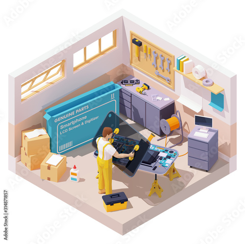 Vector isometric smartphone repair illustration. Mobile phone repair and service. Service worker or technician installing new LCD screen on disassembled mobile. Broken screen replacement