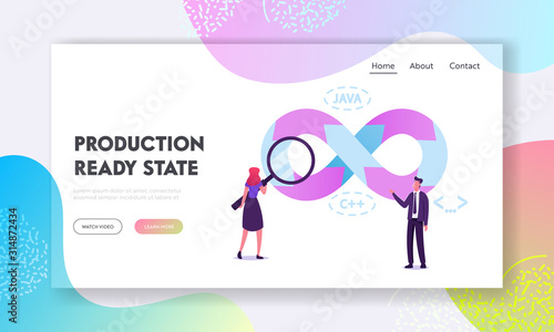 Devops Teamwork Website Landing Page. Communication and Collaboration between Development and Operations Stages Connected Each Other, Magnifying Glass Web Page Banner. Cartoon Flat Vector Illustration