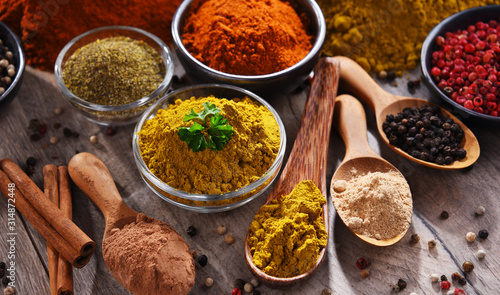 Variety of spices on kitchen table