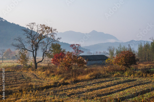 Picturesque autumn morning in the countryside in Huanghan region, close to Hongcun and Tachuan villages in China, Yi County photo