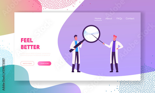Hospital Healthcare Staff at Work Website Landing Page. Doctors Holding Huge Magnifier in Hands Pointing through Glass. Medicine Profession Occupation Web Page Banner. Cartoon Flat Vector Illustration