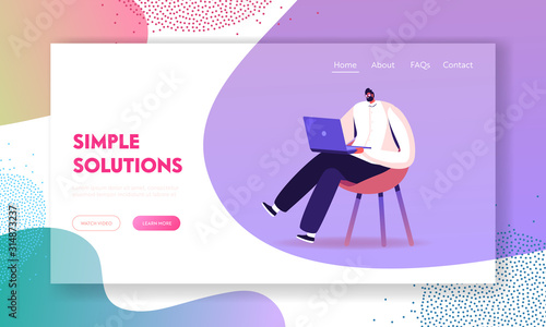 Young Business Man Sitting on Chair Working on Laptop Website Landing Page. Freelancer Work Remotely at Home or Coworking Place Using Smart Device. Web Page Banner. Cartoon Flat Vector Illustration